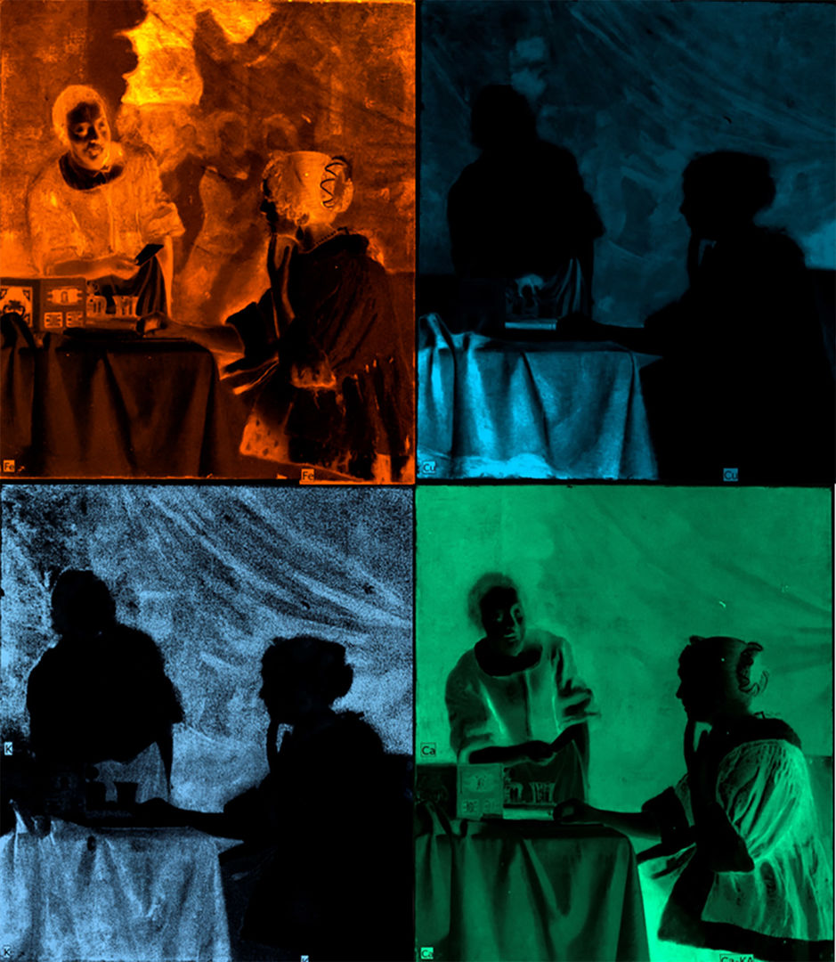A two-by-two grid of four images of the same composition of two figures; starting in the upper-right hand corner going clockwise, the first image looks like an orange and black positive-negative slide, the second image looks like an electric blue and black x-ray where the figures are in shadow but table cloth and details in the background are slightly illuminated, the third image looks like an electric green and black postive-negative slide, and the fourth image looks like a white and black x-ray with very shadowed figures and very illuminated table cloth and backdrop