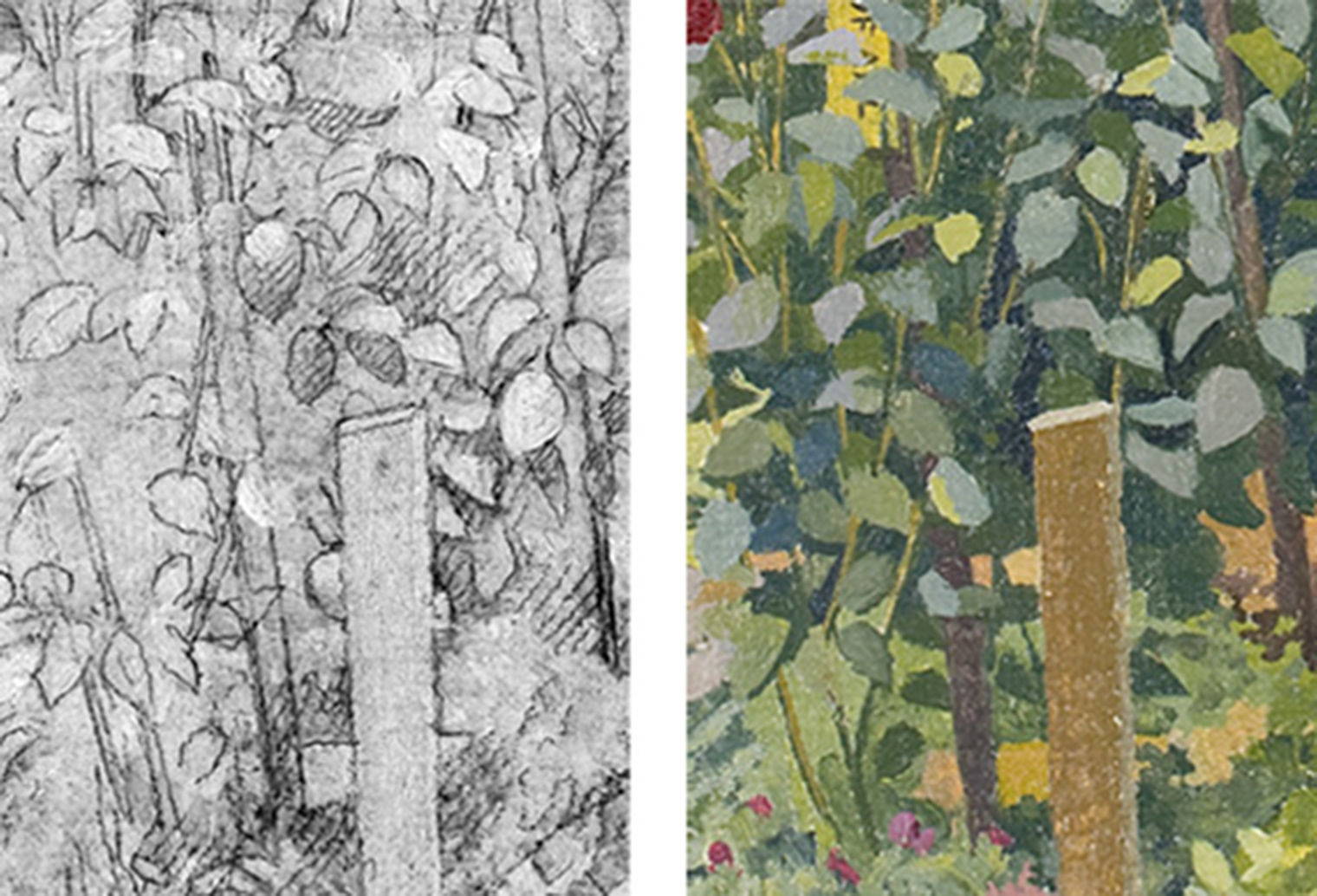 Side-by-side composite image. At left, an infrared image of a detail of Stanley Spencer’s painting titled King’s Cookham Rise. At right, Detail of Stanley Spencer’s painting titled King’s Cookham Rise depicting a flower garden surrounded by green shrubs photographed in normal light.
