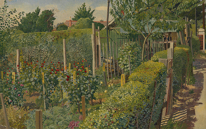 Detail of Stanley Spencer’s painting titled King’s Cookham Rise depicting a flower garden surrounded by green shrubs.