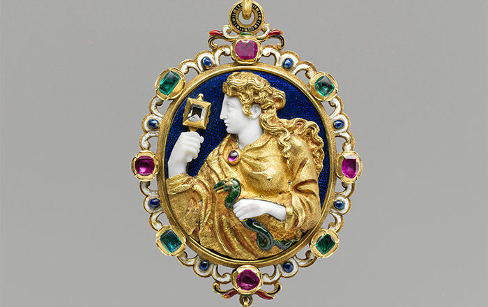 Pendant with figure of Prudence, French, second half 16th century, the back a 19th-century addition. Gold, enamel, jewels, chalcedony.