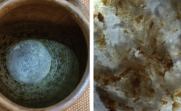 Composition image: on the left an aerial view of the inside of a jar made by the enslaved potter Dave (later known as David Drake), and, on the right, a close-up photographs detail dark and golden brown residues collected from the pictured jar for scientific research.