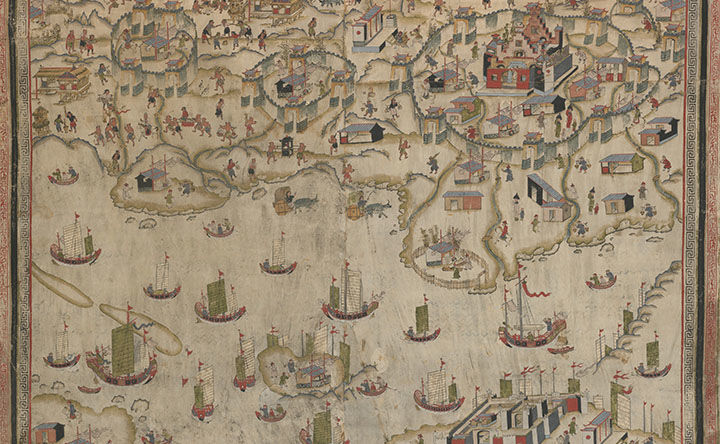 Detail of a painting of a harbor with sparsely spaced sail ships in the water along with sparsely spaced peoples and walled settlements on land. The color scheme is mostly parchment beige dominating the background and earthy muted tones of red, blue, and green in the outline of the ships, people, walls, buildings and landscape elements such as the water line and low coastal hills.