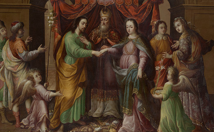 Detail of a jewel-tone colored painting of a group of regal figures. A group of small winged angels and bystanders surround the three central figures: a man and woman hold hands and stand to either side of a crowned king-like individual.