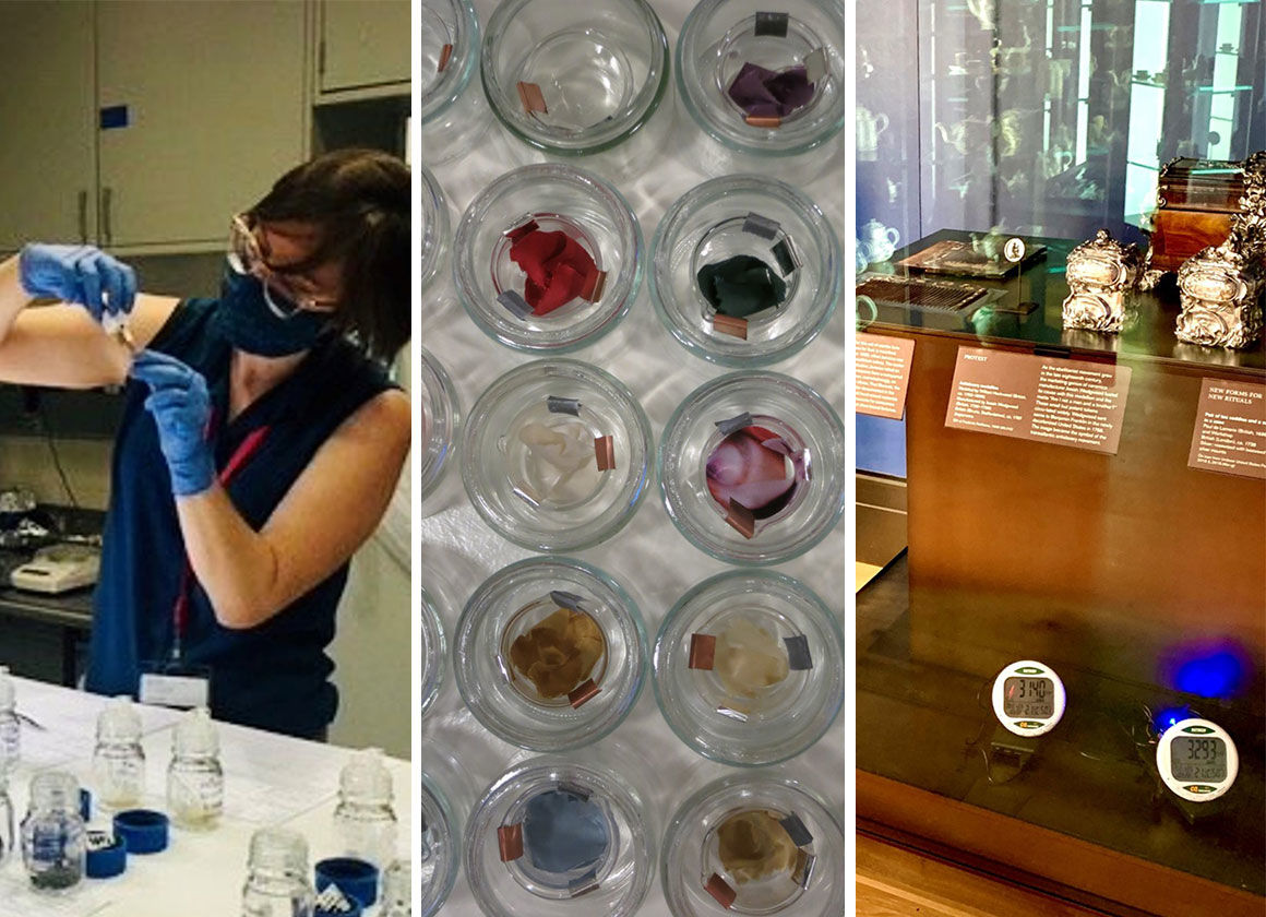 Composite of three images. At left, a woman wearing gloves holds a glass vial. In the middle, an overhead view of clear glass circular containers of material samples. At right, a glass case displays silver objects and includes two digital devices indicating some kind of number measurement.