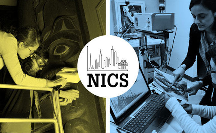 Composition image: two side-by-side images of scientific researchers examining art in the galleries and the laboratory, and in the center the logo for the Network Initiative for Conservation Science