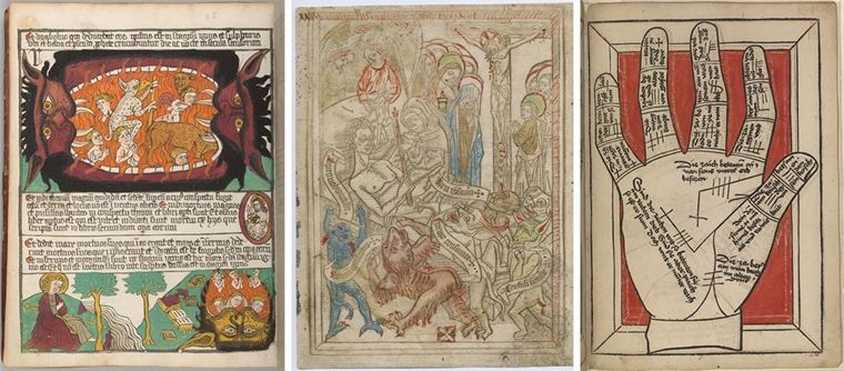 Three illuminated manuscripts with a scene from Hell (left), a man in bed being tortured by demons (center), and a hand with text written upon it (right).