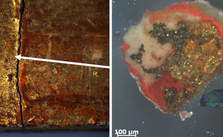 Composition image: at the left, a close of an object with a golden and red surface, and on the right a microscopic view of the surface pigment sample