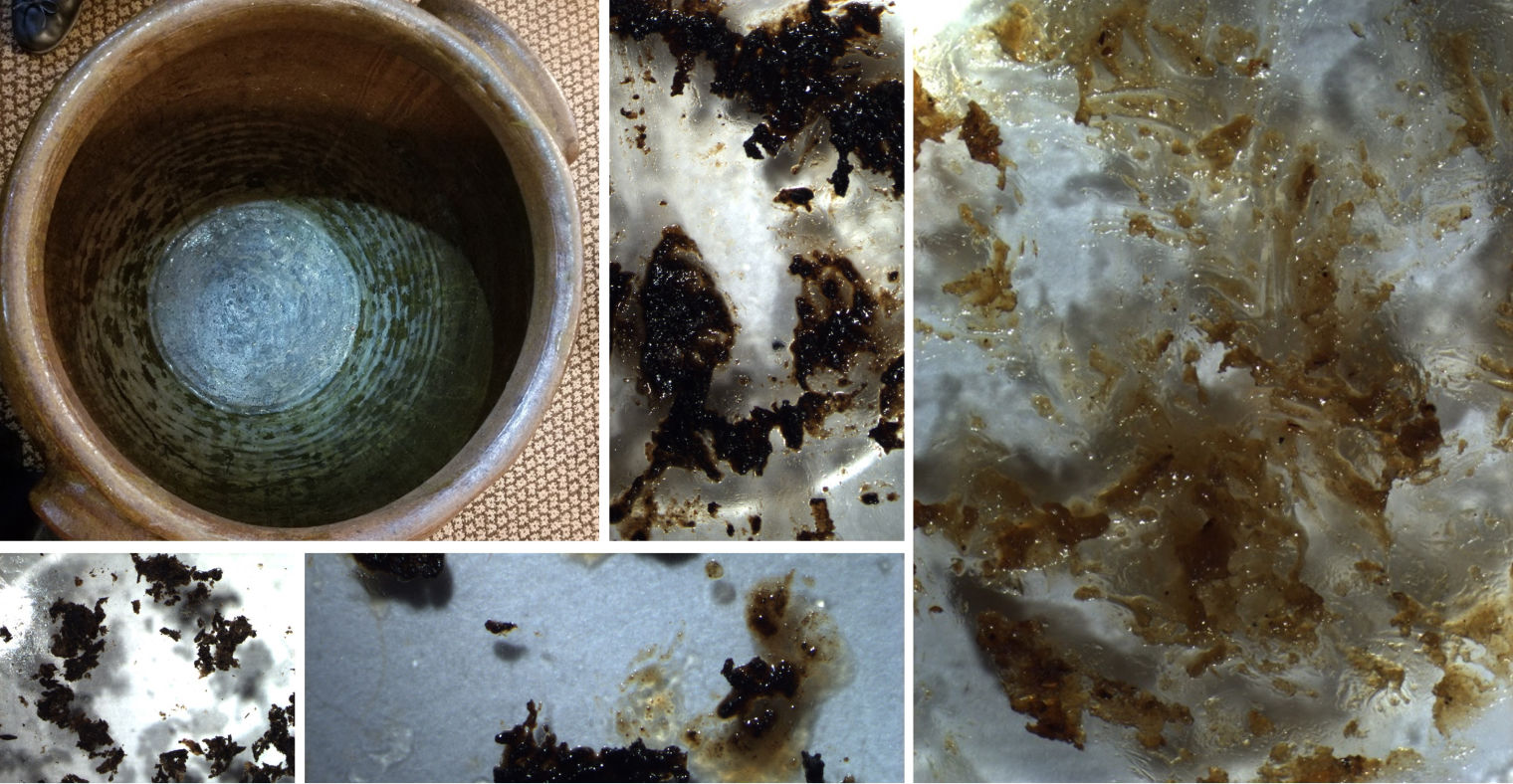 Composition image: on the upper left hand corner an aerial view of the inside of a jar made by the enslaved potter Dave (later known as David Drake), and, on the bottom and right of the pictured jar, various close-up photographs detail dark and golden brown residues collected from the pictured jar for scientific research.