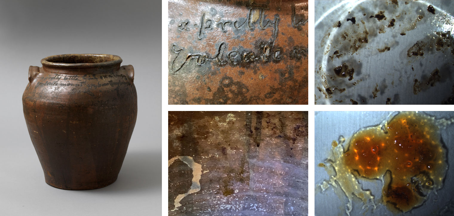 Composition image: On the left, a full-length view of a jar made by the enslaved potter Dave (later known as David Drake), and on the right a grid of four images that show close-ups of the jar’s surface both inside and outside as well as the dark brown and golden sample residues collected from the jar for scientific research.