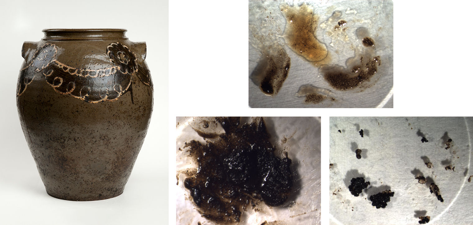 Composition image: on the left a full-length view of a jar decorated with a painted floral garland motif circling the top, and on the right a grid of three photographs show close-ups of dark and light brown sample residues collected from the jar for scientific research.