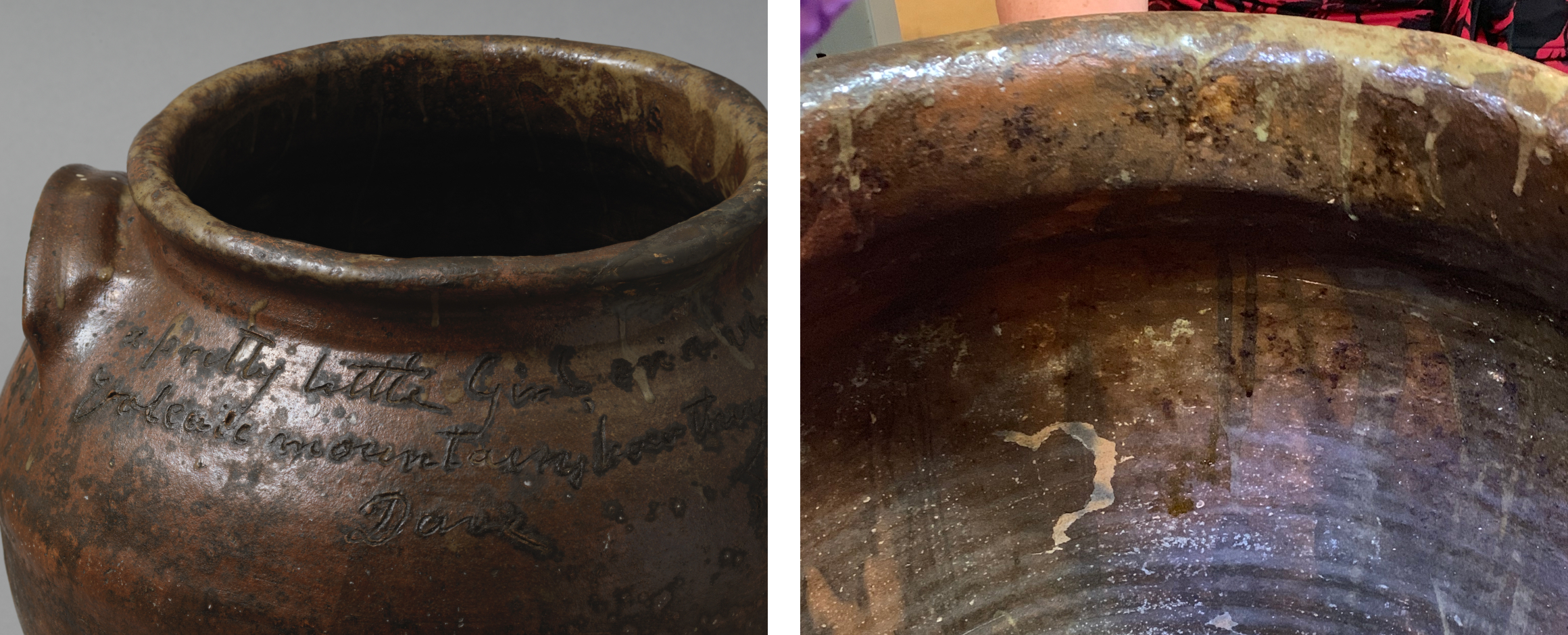 Composition image: on the left, a detail shot of a jar made by the enslaved potter Dave (later known as David Drake) with visible handwriting engraved onto the surface surrounding the edge of the jar’s opening, and on the right a detail shot of the jar’s interior with visible drip residue on the opening edges and interior walls.
