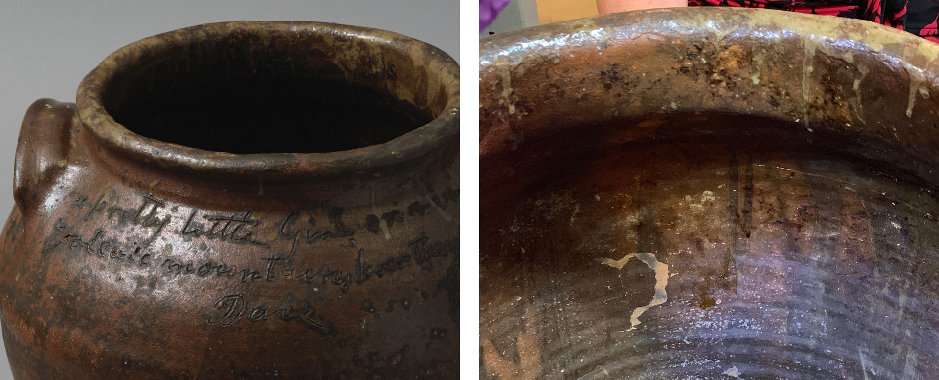 Composition image: on the left, a detail shot of a jar made by the enslaved potter Dave (later known as David Drake) with visible handwriting engraved onto the surface surrounding the edge of the jar’s opening, and on the right a detail shot of the jar’s interior with visible drip residue on the opening edges and interior walls.