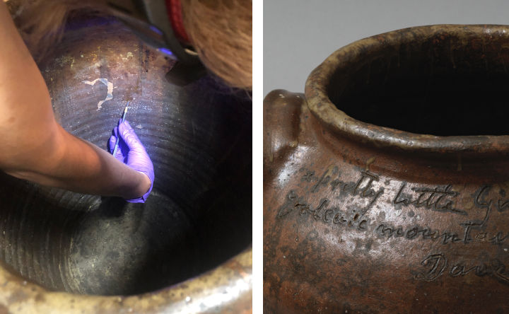 Composition image: on the left Adriana Rizzo scraps the inside of a large jar, and on the right a detail shot of a jar made by the enslaved potter Dave (later known as David Drake) shows visible handwriting engraved into the surface surrounding the edge of the jar’s opening.