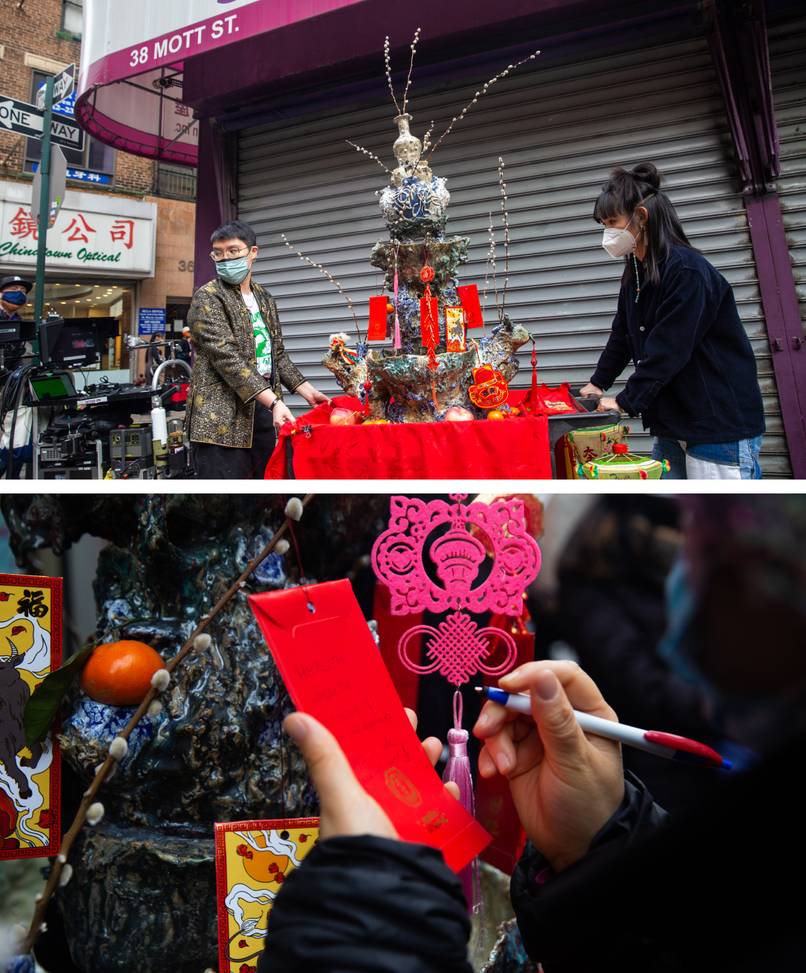 Composite image documenting the ceramic wishing well being carted through the streets of Chinatown and participants writing out wishes to attach to the ceramic wishing well sculpture.