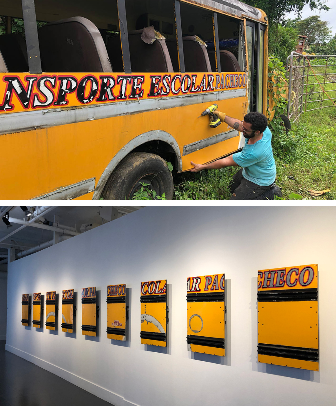 Composition image: the top photograph shows decommissioned school buses being disassembled; the bottom photograph shows an installation view of the artwork Shields/Escudos, 2020, made up of nine equally sized rectangular metal pieces take from the decommissioned school buses.