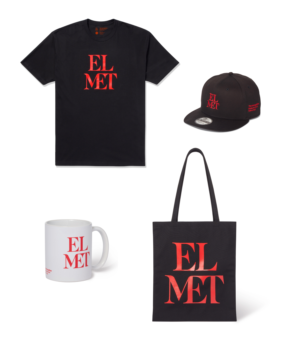 Composition image of the alteration of Met logotype applied to merchandise including a black t-shirt, black cap, black canvas bag, and white mug.