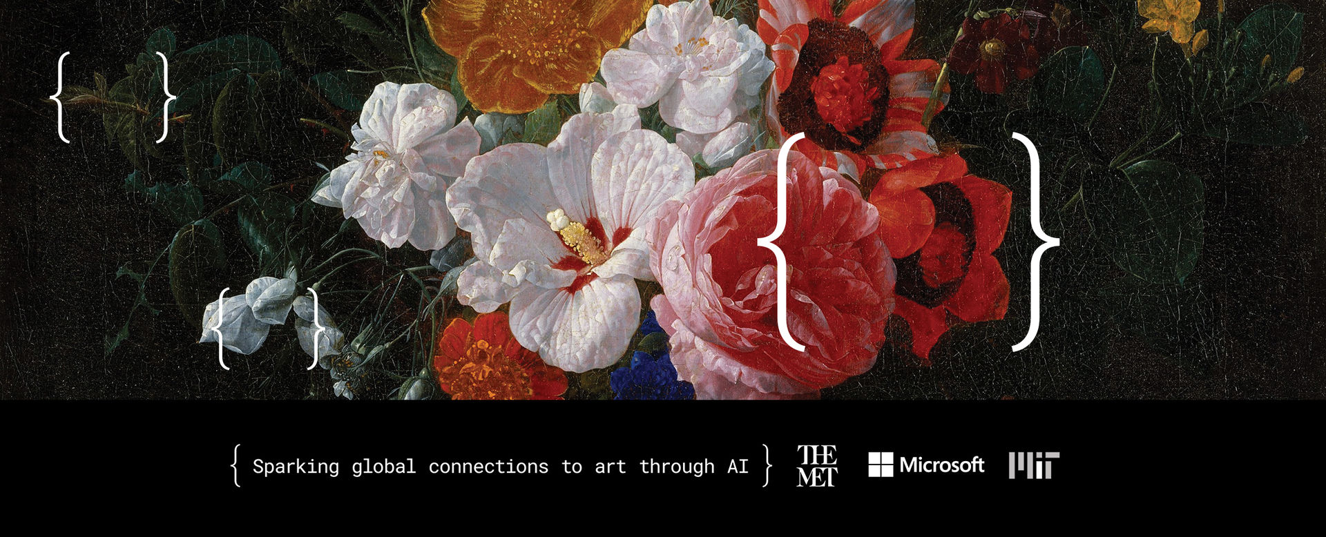 "Sparking global connections to art through AI" | Logos of The Met, Microsoft, and MIT against the background of a detail of a Dutch floral still life