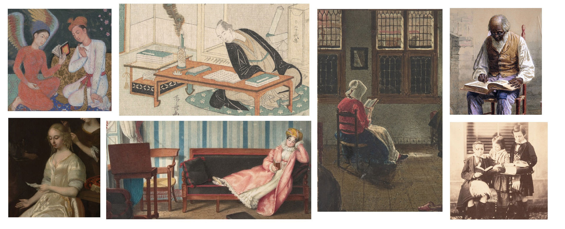 A collage of images of artworks depicting people reading