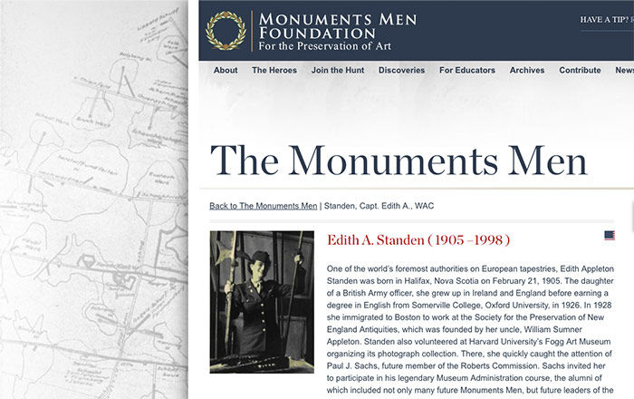 Screenshot of Monuments Men Foundation website with Edith Standen