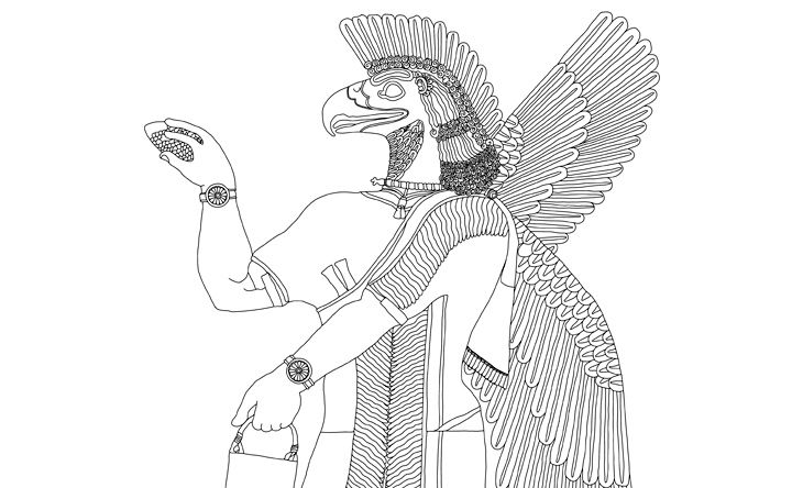 Line drawing of an Assyrian relief panel featuring a composite image of a winged god.
