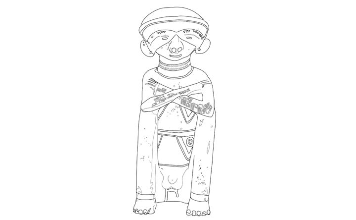 Line drawing of a seated male figure from 2nd–4th century mexico