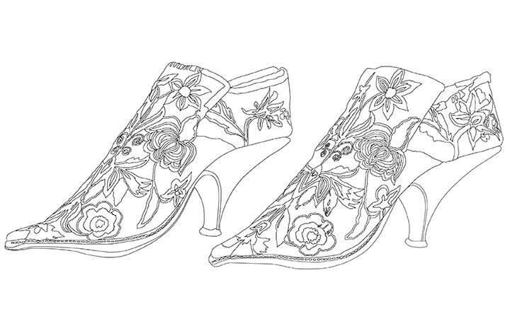 Line drawing of embellished shoes from late-seventeenth-century France.