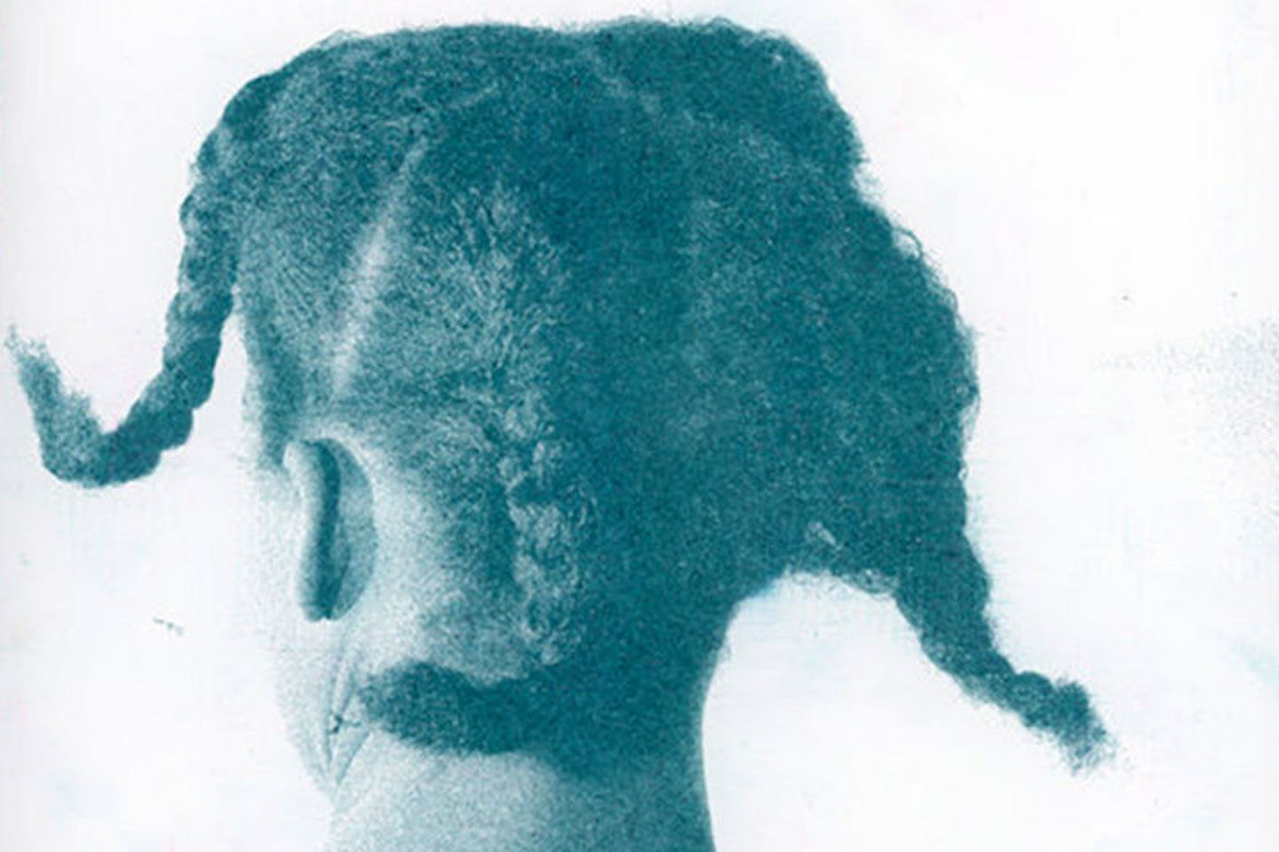 Photograph in a blue tone of the back of someone's head and braided hair