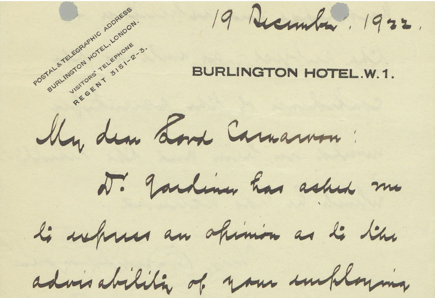 Detail of a handwritten letter dated 19 December, 1922 written on Burlington Hotel stationary