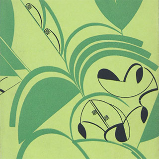 Detail of an exhibition book cover from 1929 showing a stylized plant motif in shades of green with black accents