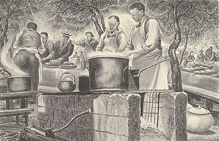 alt="Lithograph of two men of Asian descent preparing food over an outdoor stove."