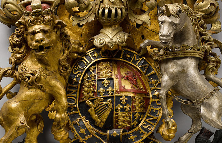 Detail of armorial panel with Stuart coat of arms, made of imewood, parcel-silver and gilt