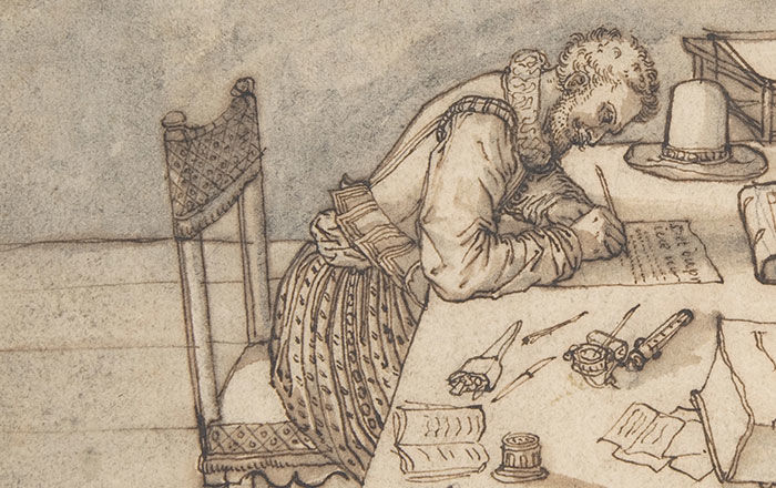 Anonymous artist (French, 16th century), Interior with a Man Writing on a Long Table (detail), 16th century. Pen and brown ink, brush and gray and brown wash, over faint sketch in graphite.
