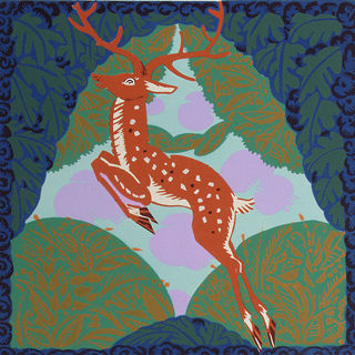 A detail of a print depicting a large-antlered buck leaping to the left in a lush green forest