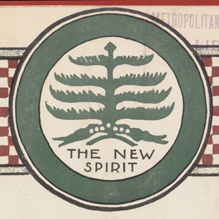 Detail of the cover of the March, 1913 Special Number of the journal Arts & Decoration, illustrating the pine tree emblem of the Armory Show above the phrase "The New Spirit," both enclosed in a green circle on a horizontal bar of red-and-white checkerboard