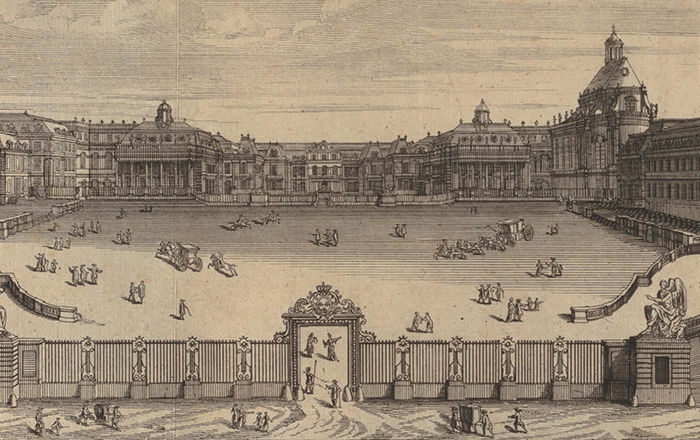Detail of an engraving depicting the entrance to Versailles, from a book published in 1719.