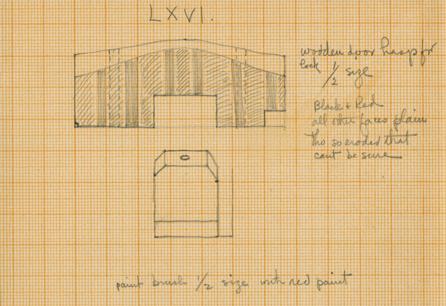 Sketch of a wooden door hasp for lock with handwritten notes
