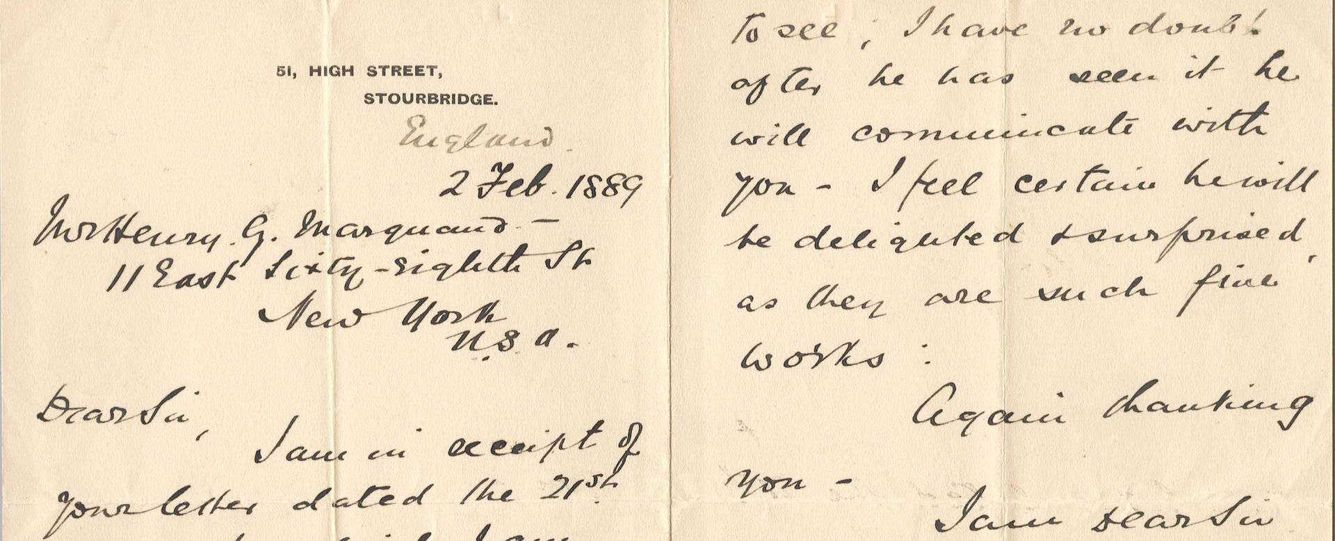 Detail of a handwritten letter dated 2 Feb 1889 and addressed to Henry G. Marquand