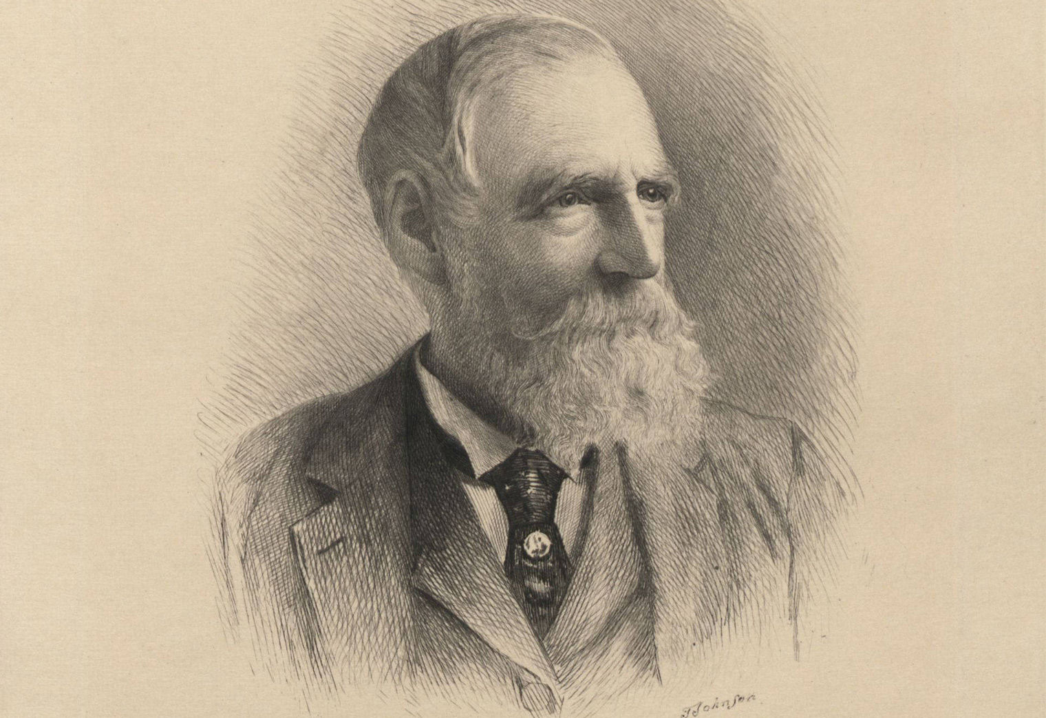 Drawing of a man in a suit with white hair and a white beard