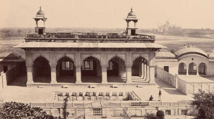 Detail of a 19th-century photograph depicting the Fort at Agra, India, with the Taj Majal in the far distance