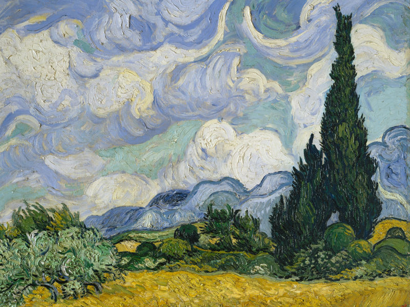A detail of Wheat Field with Cypresses by Vincent Van Gogh. The horizontal composition shows a yellow wheat field with a towering cypress tree at right. The sky is full of puffy clouds and there are mountains in the distance.