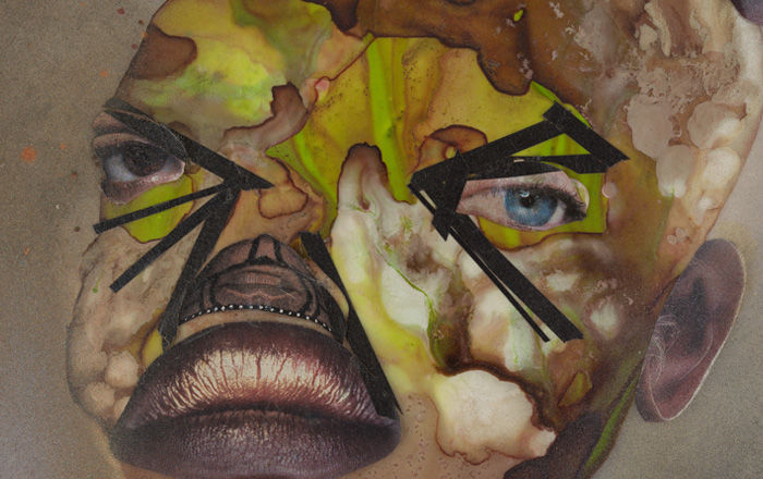 Detail of a face made up of collaged elements