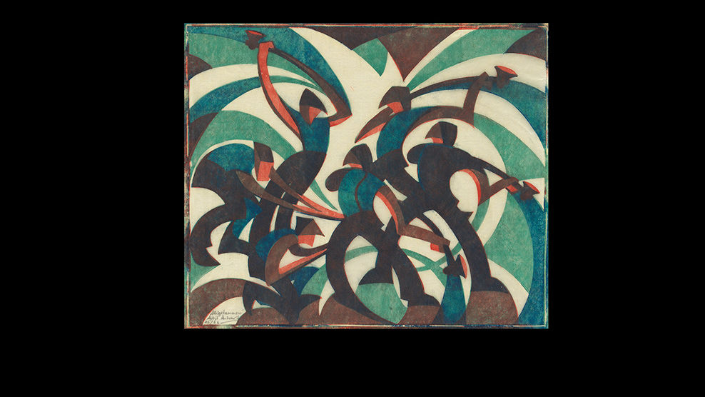 Sybil Andrews (Canadian, born British, 1898–1992). <em>Sledgehammers</em>, 1933. Color linocut. Purchase, Leslie and Johanna Garfield Gift, Lila Acheson Wallace, Charles and Jessie Price, and David T Schiff Gifts, The Elisha Whittelsey Collection, The Elisha Whittelsey Fund, Dolores Valvidia Hurlburt Bequest, Peco Foundation and Friends of Drawings and Prints Gifts, and funds from various donors, 2019 (2019.592.4). Reproduced with permission of Glenbow Museum