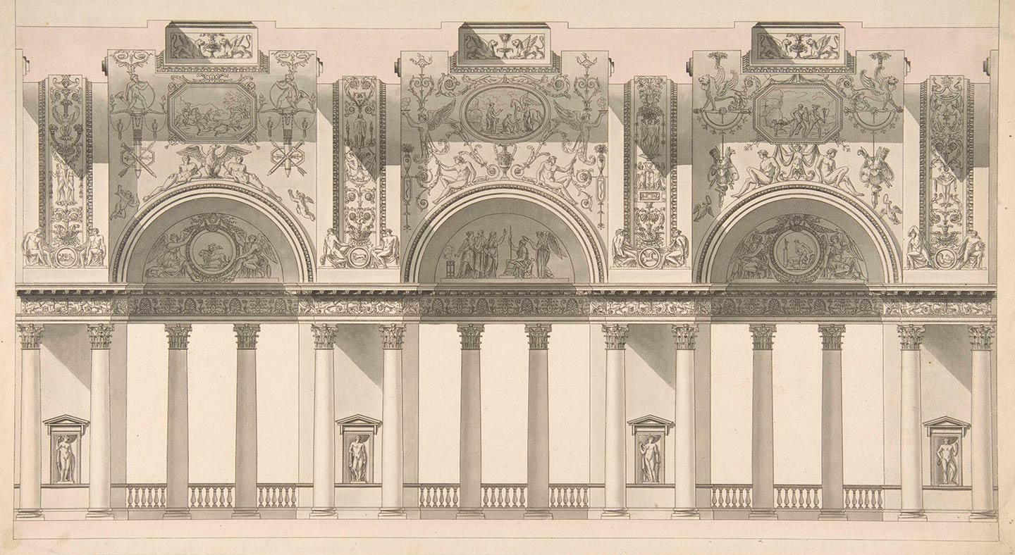Charles Pierre Joseph Normand (French, 1765–1840). Section of a "Galerie dans le palais d'un souverain," ca. 1791. Pen and black ink, brush and gray and pink wash; 9 3/4 x 17 13/16 in. (24.8 x 45.2 cm). The Metropolitan Museum of Art, New York, Gift of Mr. and Mrs. Charles B. Wrightsman, 1970 (1970.736.27)