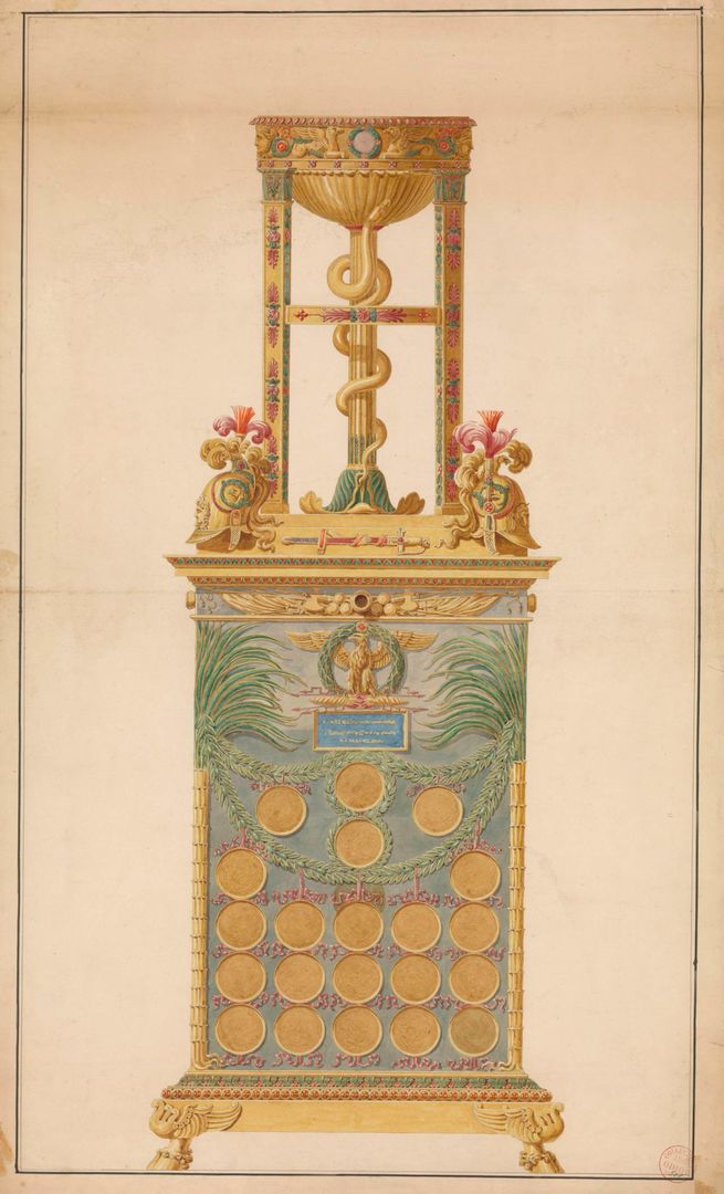 Jean Guillaume Moitte (French, 1746–1810). A Medal Cabinet for Napoleon, 1804–10. Pen and ink and watercolor; 36 7/8 x 21 7/8 in. (93.7 x 55.6 cm). The Metropolitan Museum of Art, New York, Gift of Mrs. Charles Wrightsman, 1998 (1998.7)