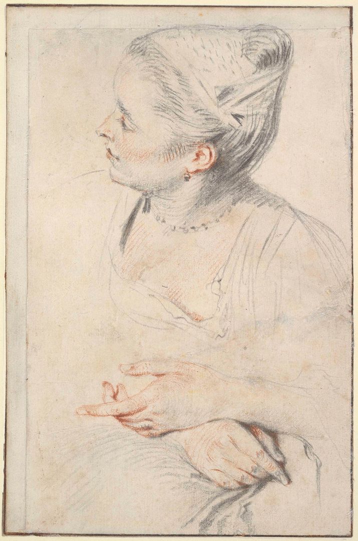 Antoine Watteau (French, 1684–1721). Study of a Woman's Head and Hands, ca. 1717. Red and white chalk and graphite on off-white laid paper; Sheet: 7 1/2 x 5 in. (19 x 12.7 cm). The Metropolitan Museum of Art, New York, Gift of Mrs. Charles Wrightsman, 2012 (2012.150.1)