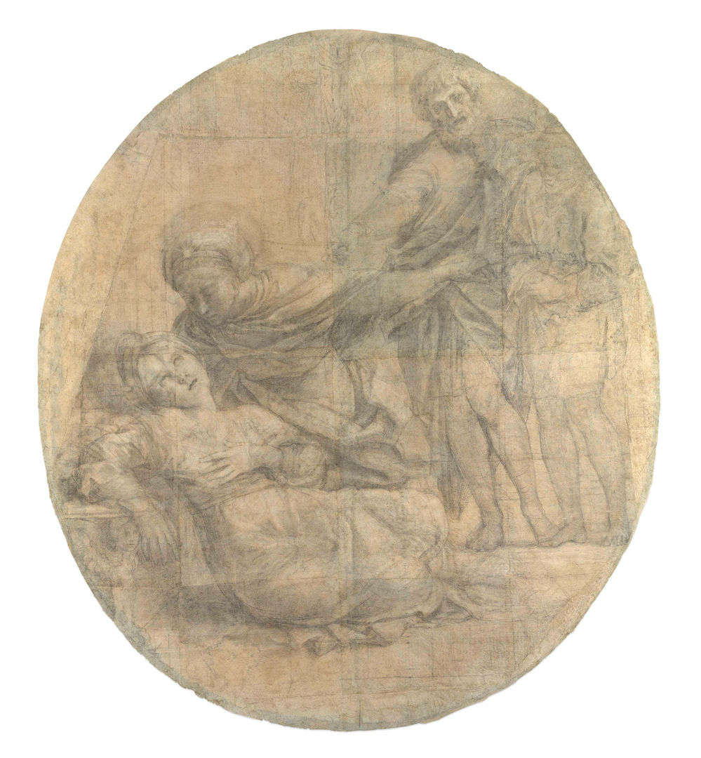 Domenichino (Domenico Zampieri) (Italian, 1581–1641). The Martyrdom of Saint Cecilia (Cartoon for a Fresco), 1612–14. Charcoal with white chalk heightening on fourteen sheets of blue laid paper, two of the sheets cut from elsewhere on the original cartoon and reset at the left and right margins to make up the oval; Irregular oval: 67 13/16 x 59 9/16in. (172.2 x 151.3cm). The Metropolitan Museum of Art, New York, Wrightsman Fund, 1998 (1998.211)