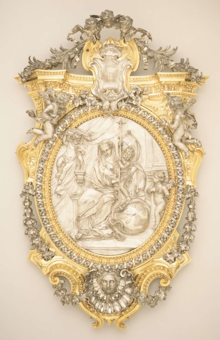 Probably by Francesco Giardoni (1692–1757). The Virgin and Child Triumphing over Evil, ca. 1731–40. Italian, Rome. Silver, gilt bronze, and wood; Relief: 10 9/16 × 8 7/8 in. (26.8 × 22.5 cm); Frame: 23 5/16 × 14 1/2 in. (59.2 × 36.8 cm). The Metropolitan Museum of Art, New York, Wrightsman Fund, 1992 (1992.339)