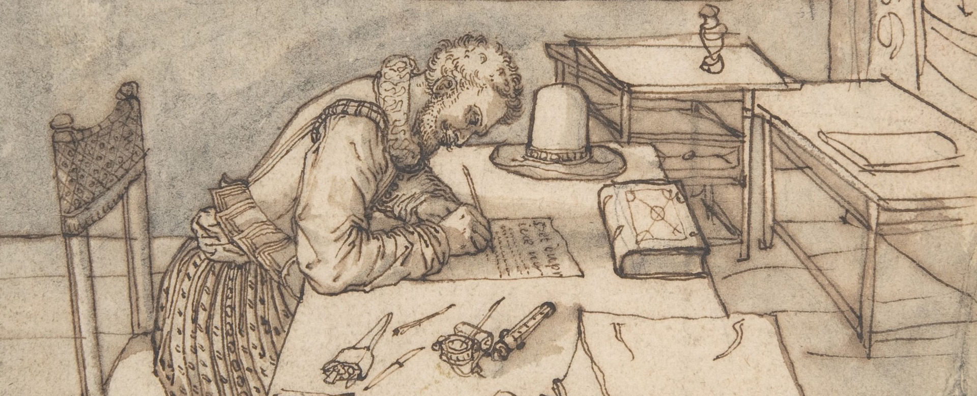 Drawing of a 16th-century man writing on a long table