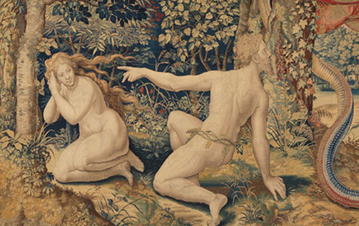 Adam pointing at Eve in the garden of Eden