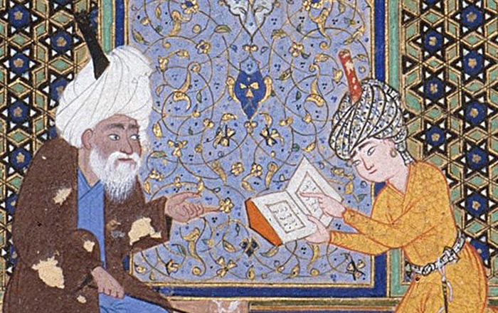 Detail view of an Islamic illuminated manuscript showing Laila and Majnun reading a book
